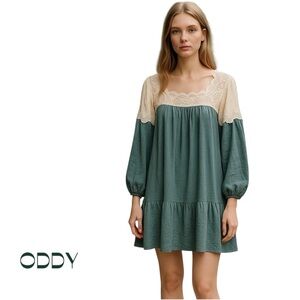 ODDY Teal & Cream Babydoll Boho Eyelet Lace Prairie Dress NWT Size S